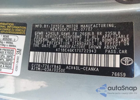 2007 Toyota Camry Le from USA, damaged, VIN 4T1BE46K17U722943